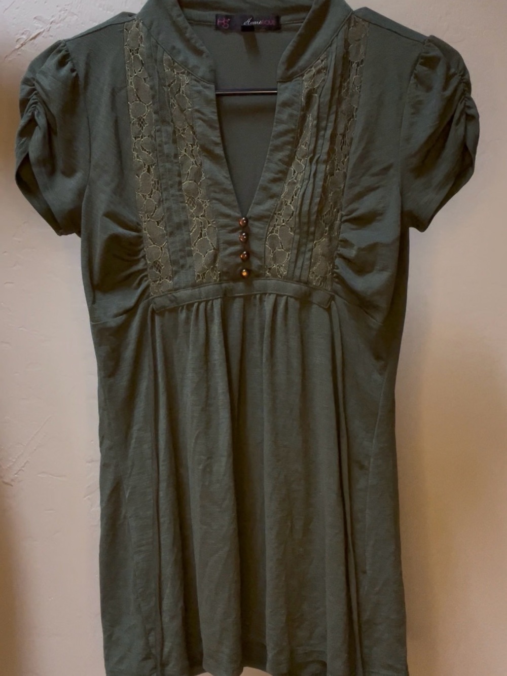 HeartSoul Olive Green Lace-Trim Short Sleeve Women’s Top